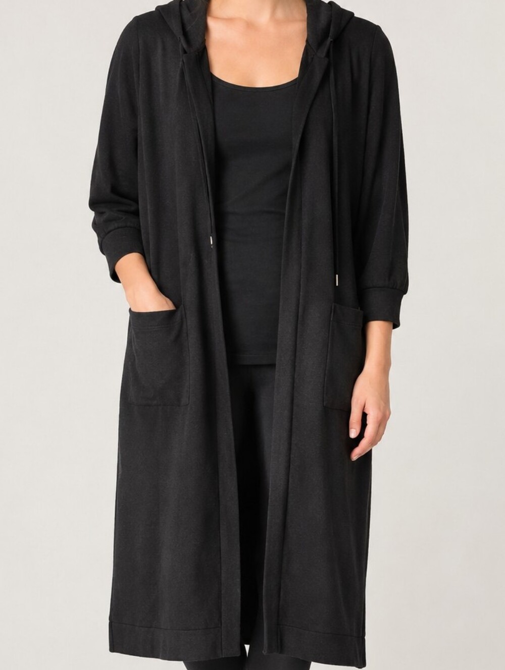 Cyrus Black Long Hooded Open-Front Coatigan